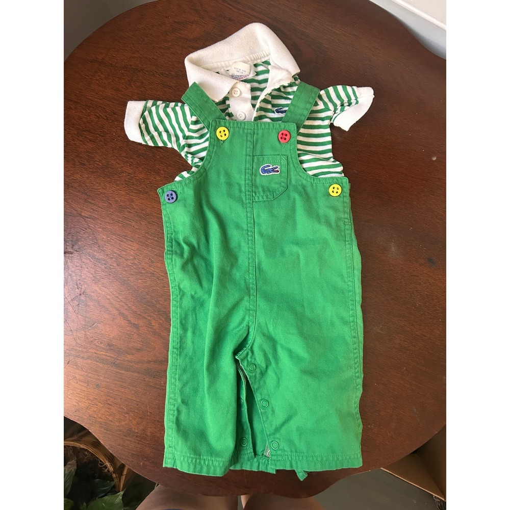 Vintage Izod Lacoste Baby Boy Green Overalls and Striped Polo Set 6-9 Months